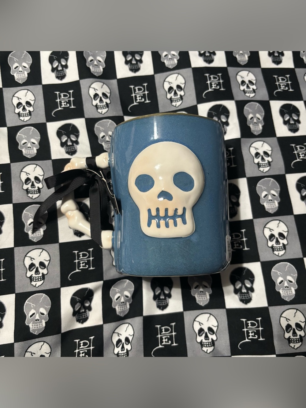 Rae Dunn Blue Deadly Before Caffeine Goth Skeleton Halloween Mug